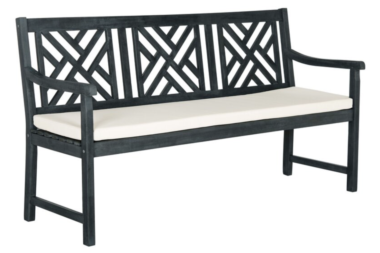 black outdoor bench with white cushion
